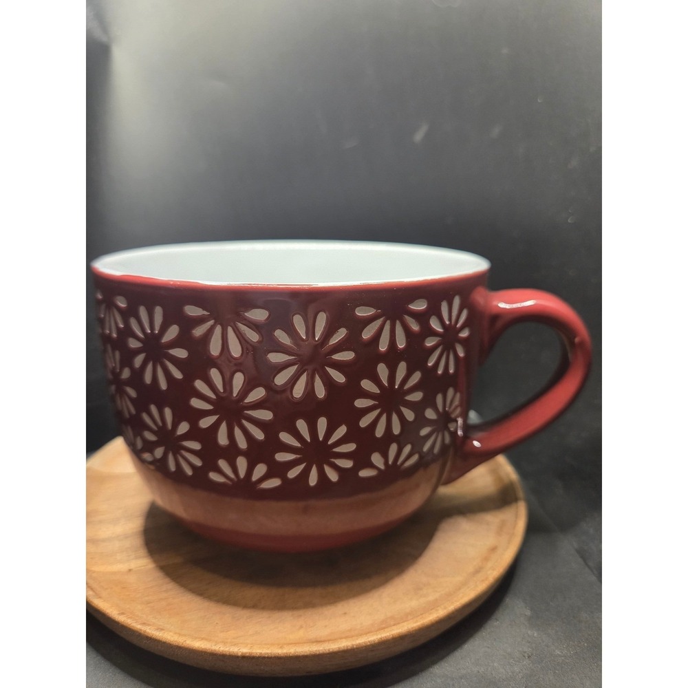 Fabulous Home Coffee Mug Large Red Daisy Floral‎ Embossed Ceramic Soup Cup